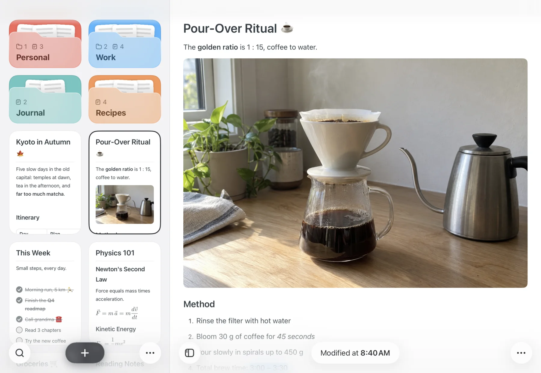 Noto on iPad, with folders and notes in the sidebar and a recipe open beside them
