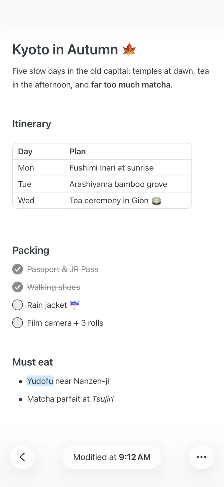 A note in Noto with a title, a table, a checklist and a highlighted word
