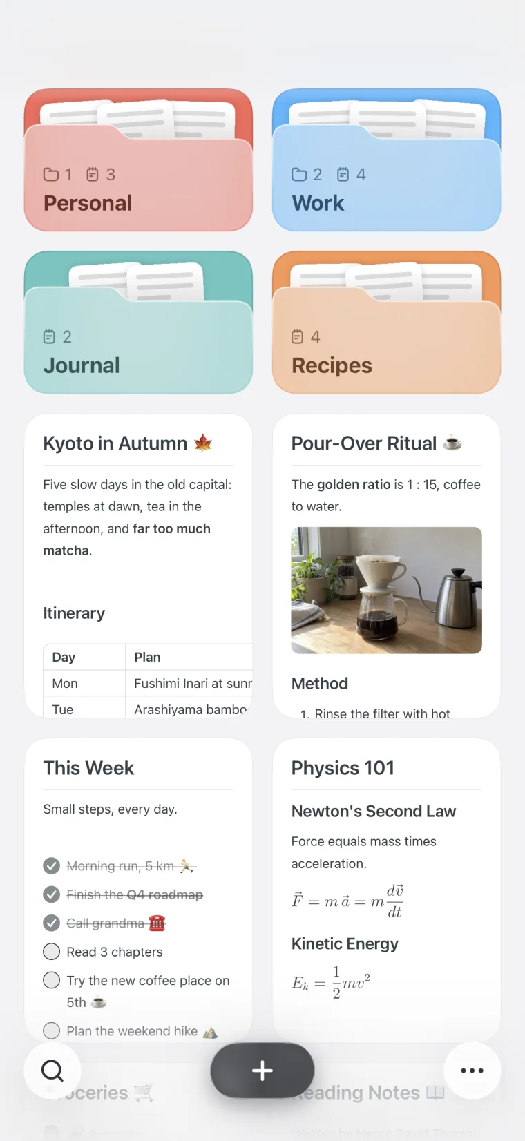 Noto on iPhone, with colored folders above a grid of notes